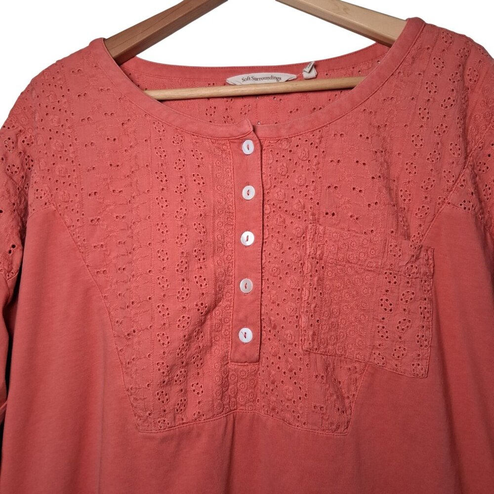 Soft Surroundings Tunic Henley Shirt Large Coral Knit Lace Eyelet Button Up - Picture 2 of 14